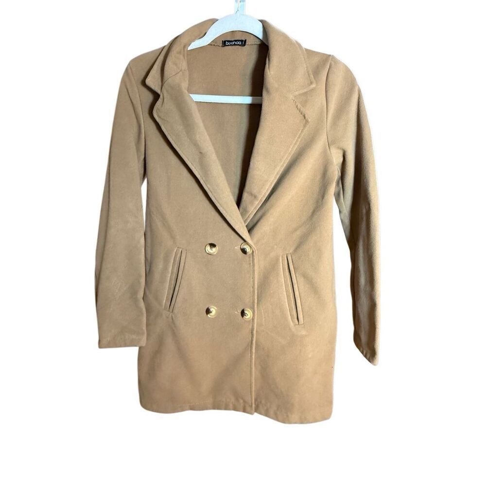 Boohoo Womens Double Breasted Button Wool Look Coat in Camel‎ Sz S